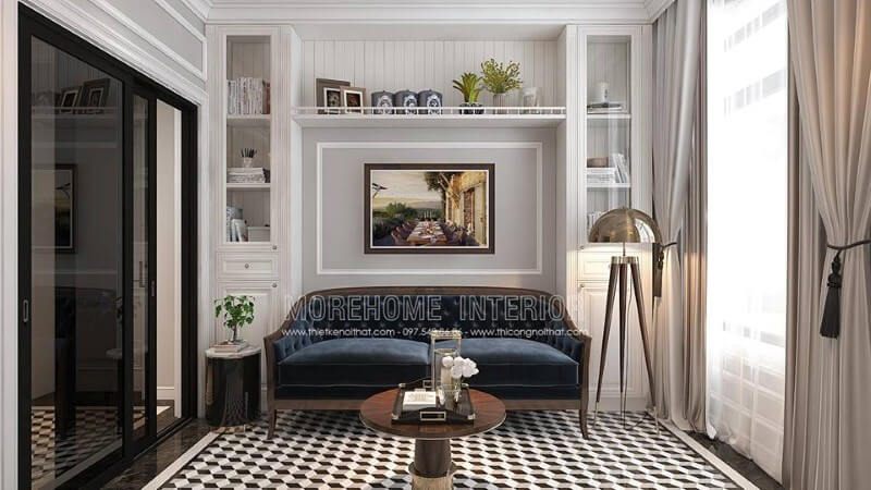 Kệ trang trí cùng ghế sofa được bố trí khá hợp lý giúp không gian vừa trở nên thông thoáng nhưng lại tạo điểm nhấn ấn tượng, độc đáo cho phòng đọc sách.